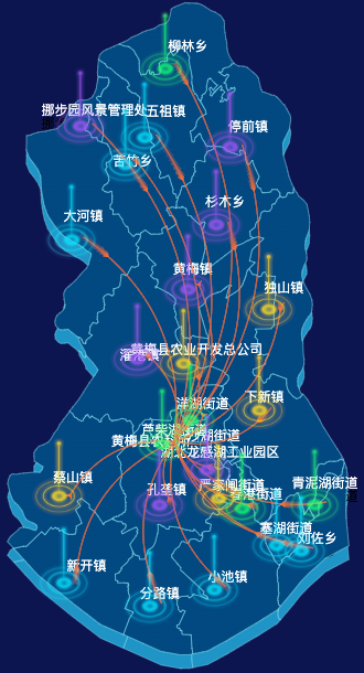 echarts黄冈市黄梅县geoJson地图迁徙图