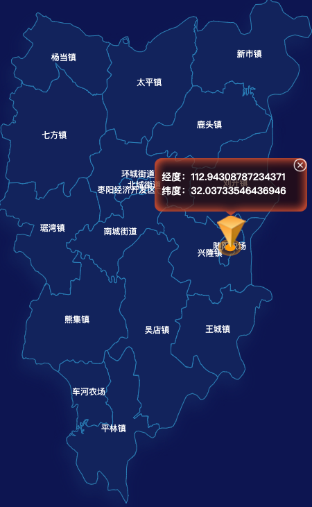 echarts襄阳市枣阳市geoJson地图根据经纬度显示自定义html弹窗