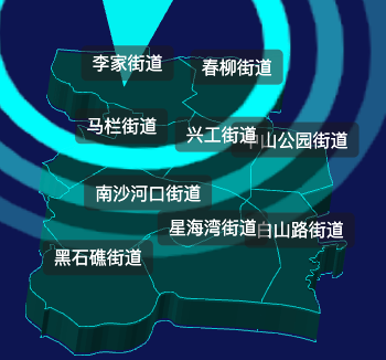 threejs大连市沙河口区geoJson地图3d地图CSS2D外加旋转棱锥
