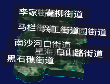 threejs大连市沙河口区geoJson地图3d地图自定义贴图加CSS3D标签