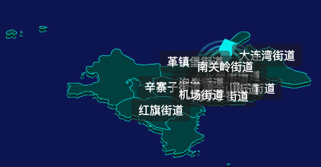 threejs大连市甘井子区geoJson地图3d地图CSS2D外加旋转棱锥