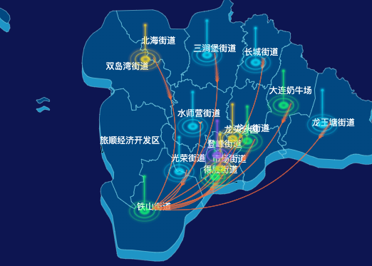 echarts大连市旅顺口区geoJson地图迁徙图