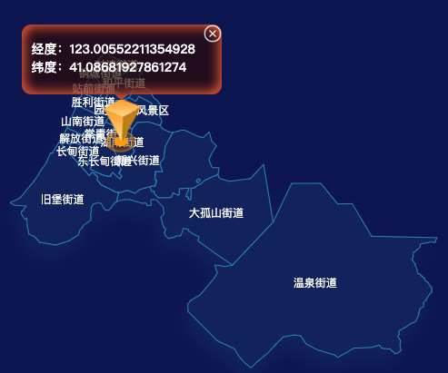 echarts鞍山市铁东区geoJson地图根据经纬度显示自定义html弹窗