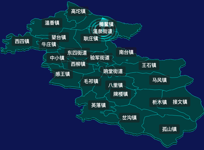 threejs鞍山市海城市geoJson地图3d地图CSS2D外加旋转棱锥