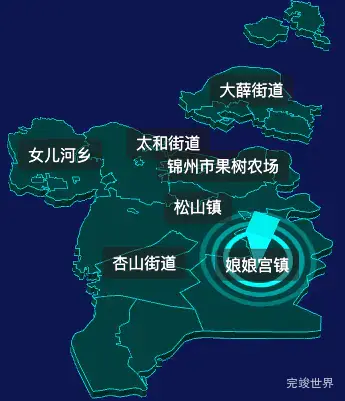 threejs锦州市太和区geoJson地图3d地图CSS2D外加旋转棱锥