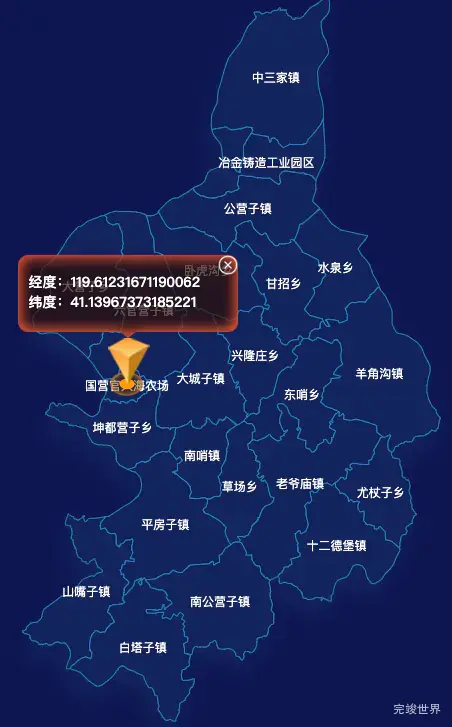 echarts朝阳市喀喇沁左翼蒙古族自治县geoJson地图根据经纬度显示自定义html弹窗