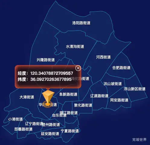 echarts青岛市市北区geoJson地图根据经纬度显示自定义html弹窗