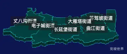 threejs西安市雁塔区geoJson地图3d地图CSS2D外加旋转棱锥