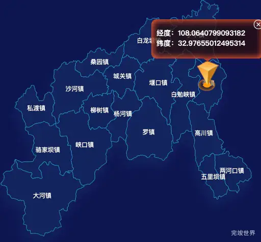 echarts汉中市西乡县geoJson地图根据经纬度显示自定义html弹窗