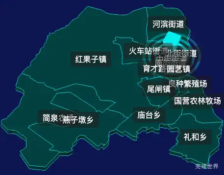 threejs石嘴山市惠农区geoJson地图3d地图CSS2D外加旋转棱锥