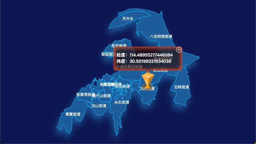 echarts 武汉市洪山区geoJson地图根据经纬度显示自定义html弹窗