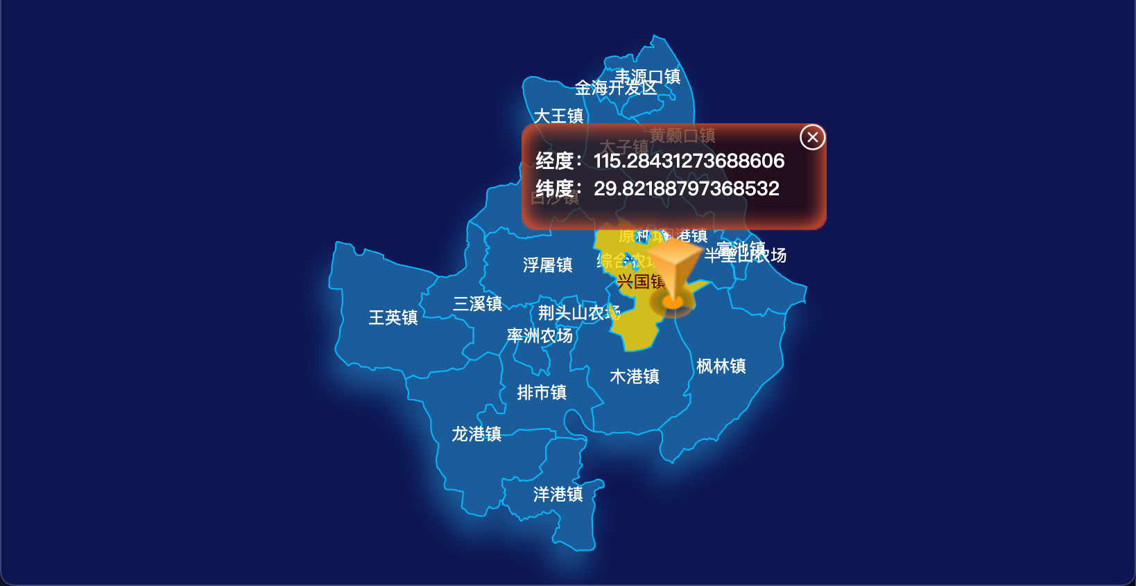 23 echarts 黄石市阳新县geoJson地图根据经纬度显示自定义html弹窗