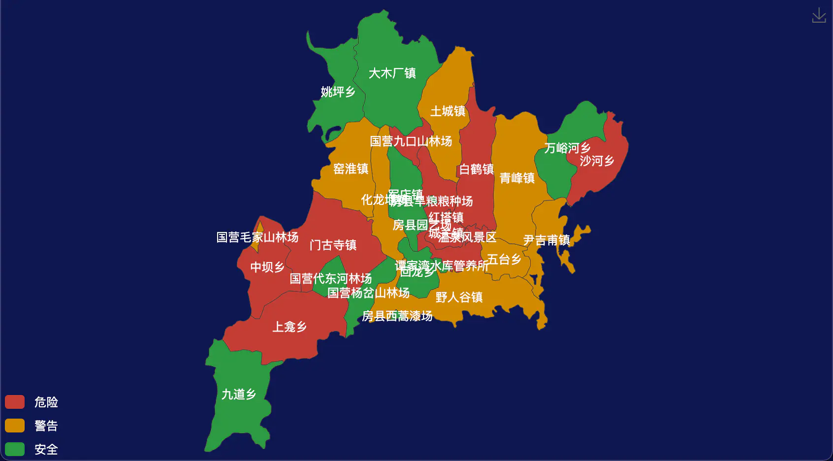 自定义配色的十堰市房县GeoJSON地图