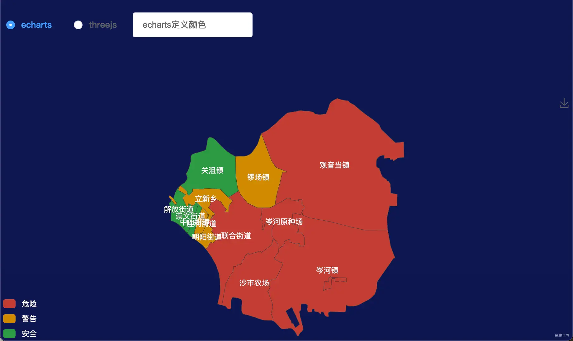 echarts荆州市沙市区geoJson地图3d地图自定义贴图-绿色地面实例代码