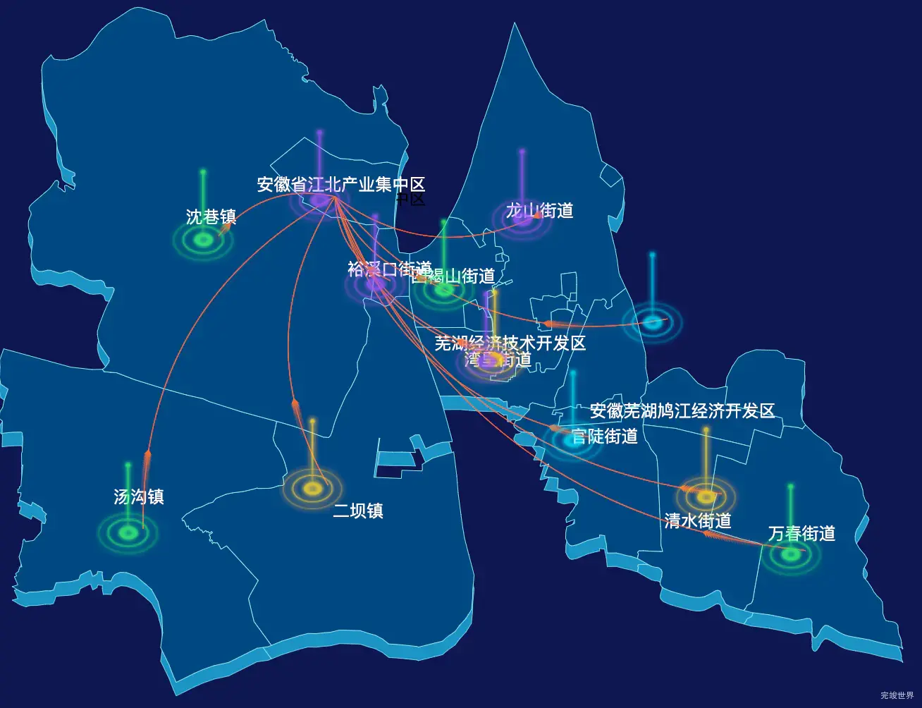 echarts芜湖市鸠江区geoJson地图飞线图