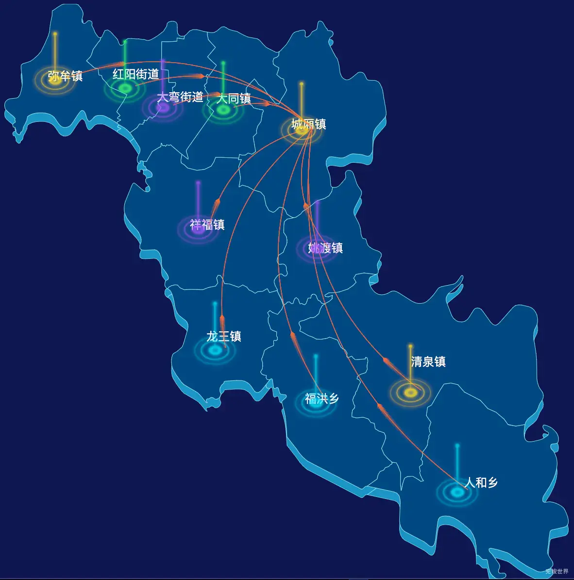 echarts成都市青白江区geoJson地图飞线图