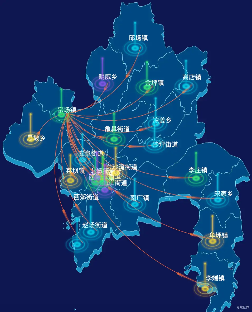 echarts宜宾市翠屏区geoJson地图飞线图