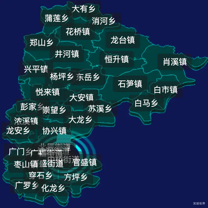 threejs广安市广安区geoJson地图3d地图CSS2D外加旋转棱锥