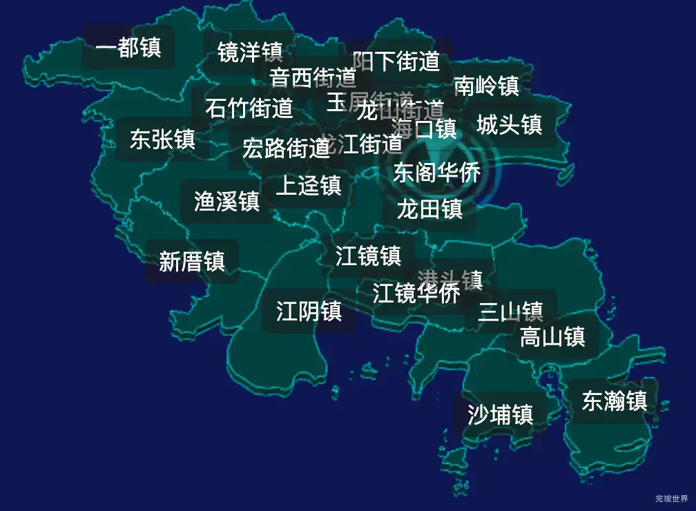 threejs福州市福清市geoJson地图3d地图CSS2D外加旋转棱锥