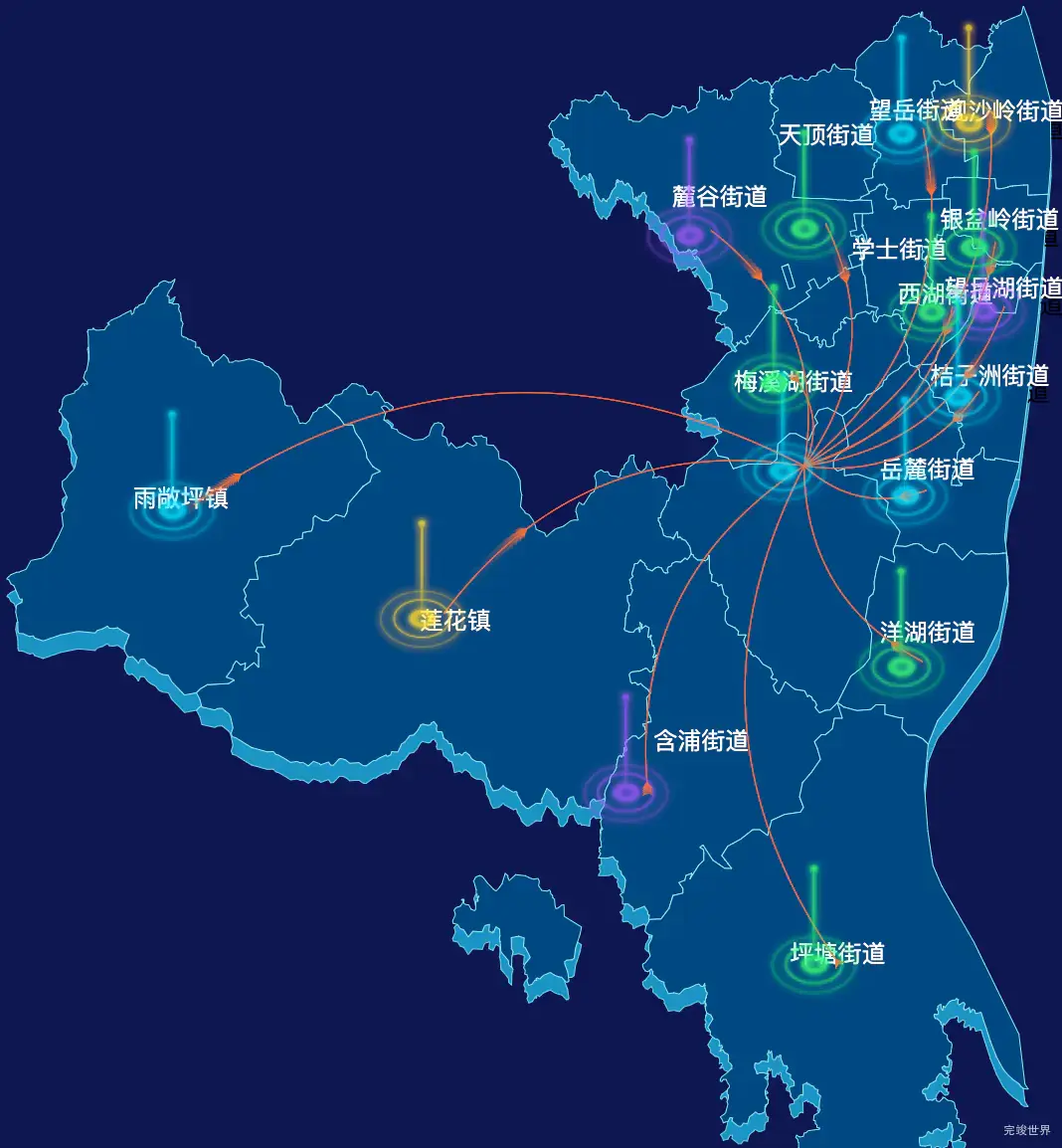 echarts长沙市岳麓区geoJson地图飞线图