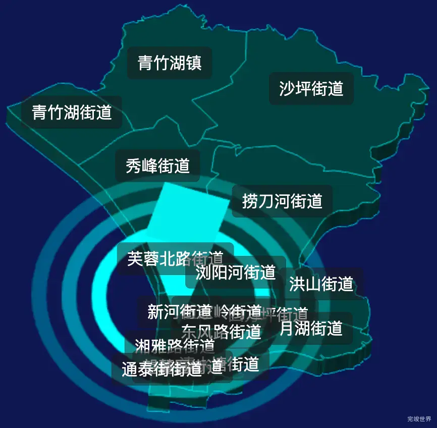 threejs长沙市开福区geoJson地图3d地图CSS2D外加旋转棱锥