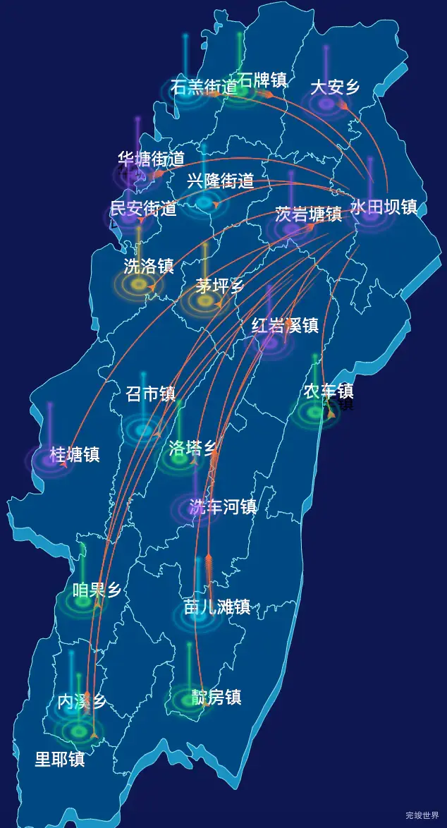 echarts湘西土家族苗族自治州龙山县geoJson地图飞线图