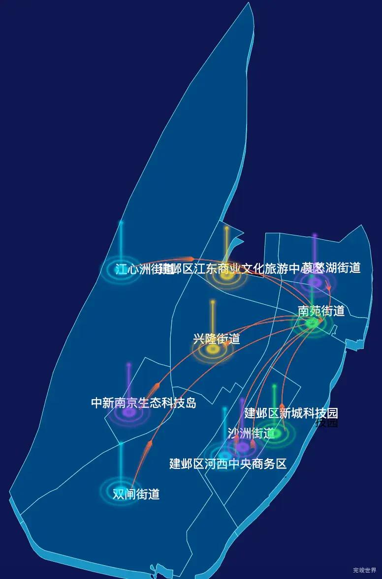 echarts南京市建邺区geoJson地图飞线图