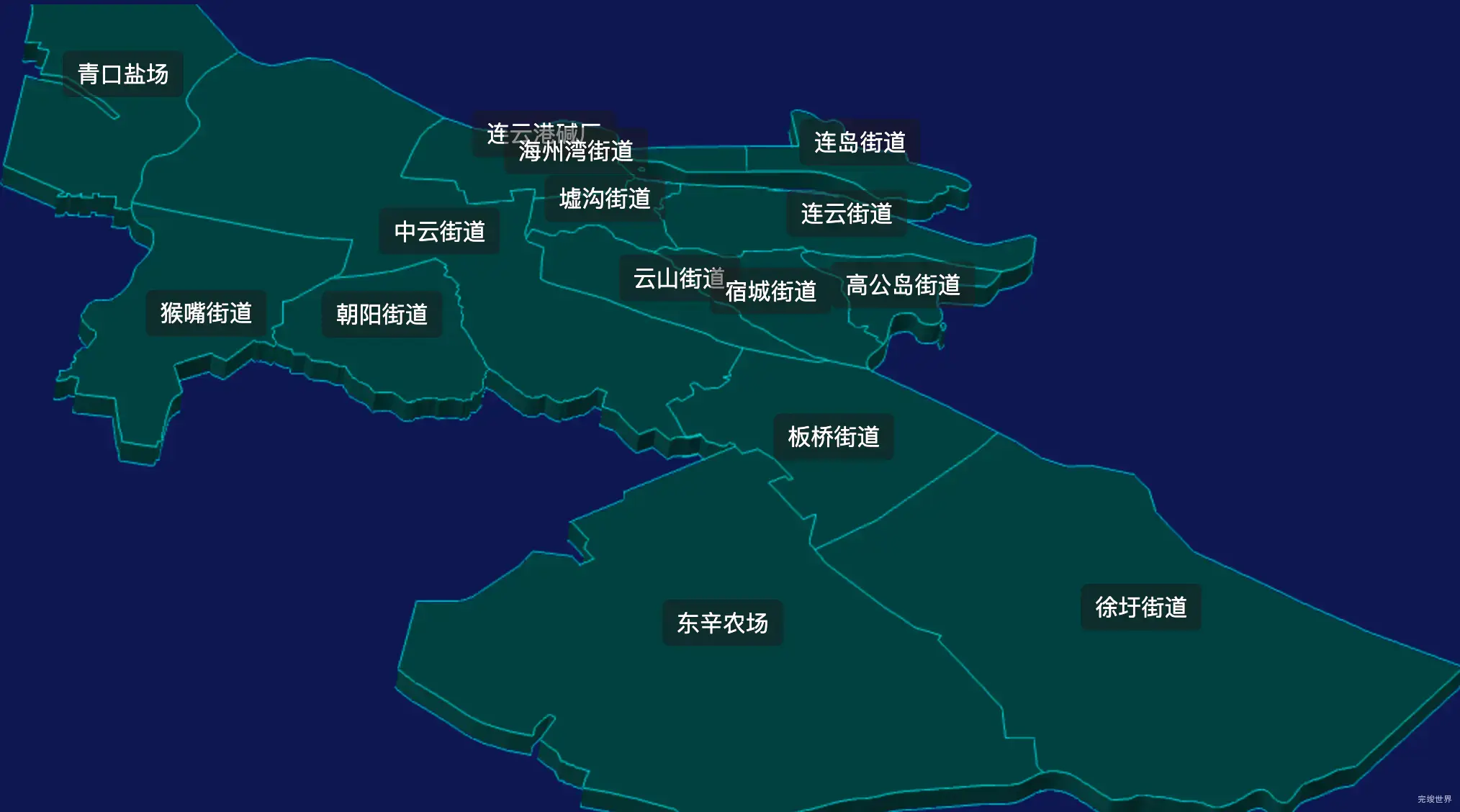 threejs连云港市连云区geoJson地图3d地图css2d标签