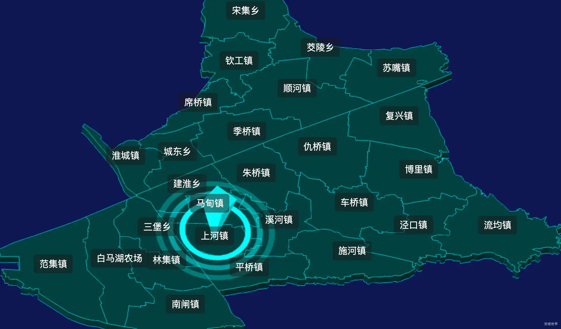 threejs淮安市淮安区geoJson地图3d地图CSS2D外加旋转棱锥