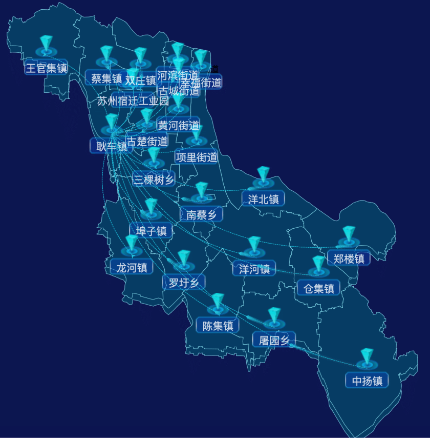 echarts宿迁市宿城区geoJson地图label自定义样式实例代码 - 完竣世界