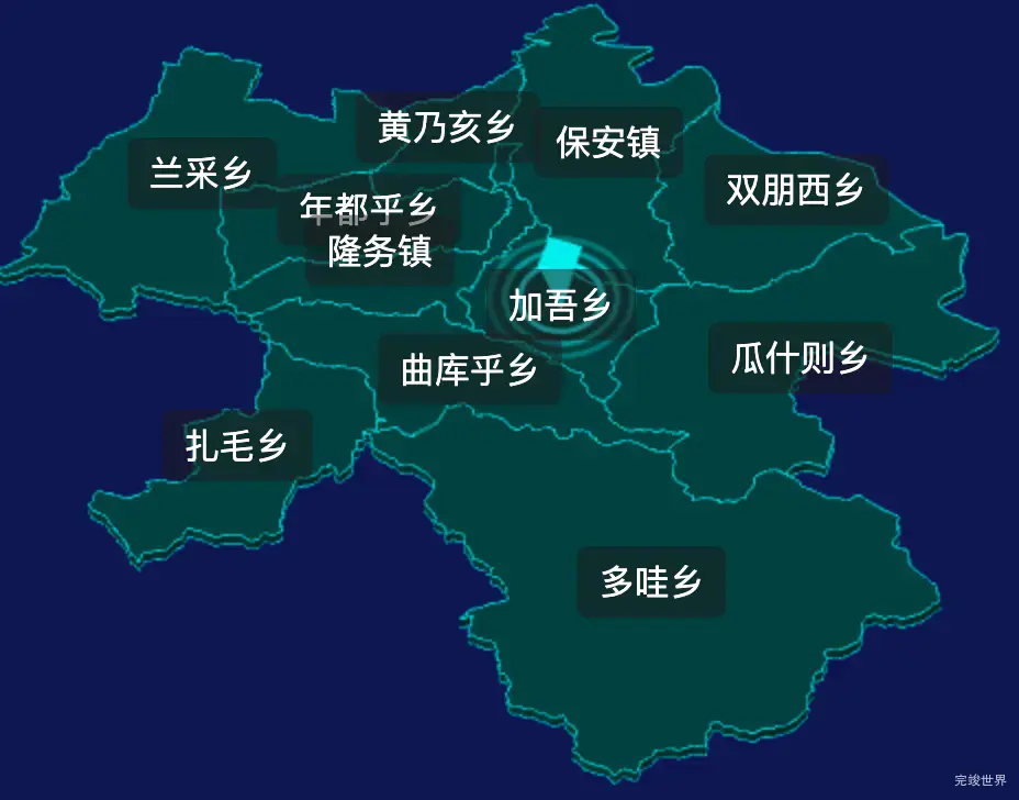 threejs黄南藏族自治州同仁市geoJson地图3d地图CSS2D外加旋转棱锥