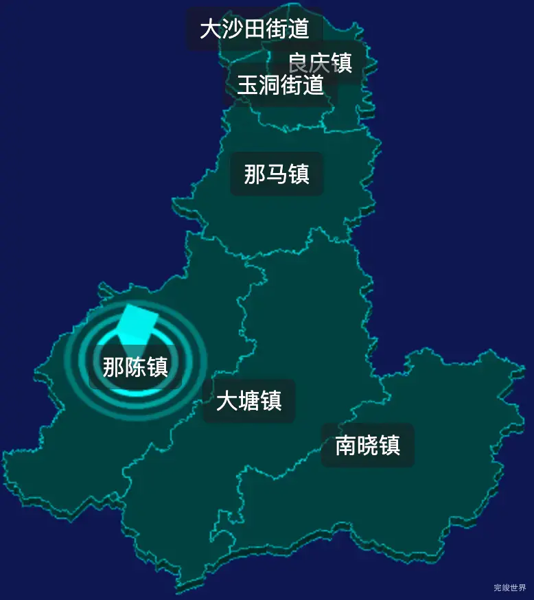 threejs南宁市良庆区geoJson地图3d地图CSS2D外加旋转棱锥