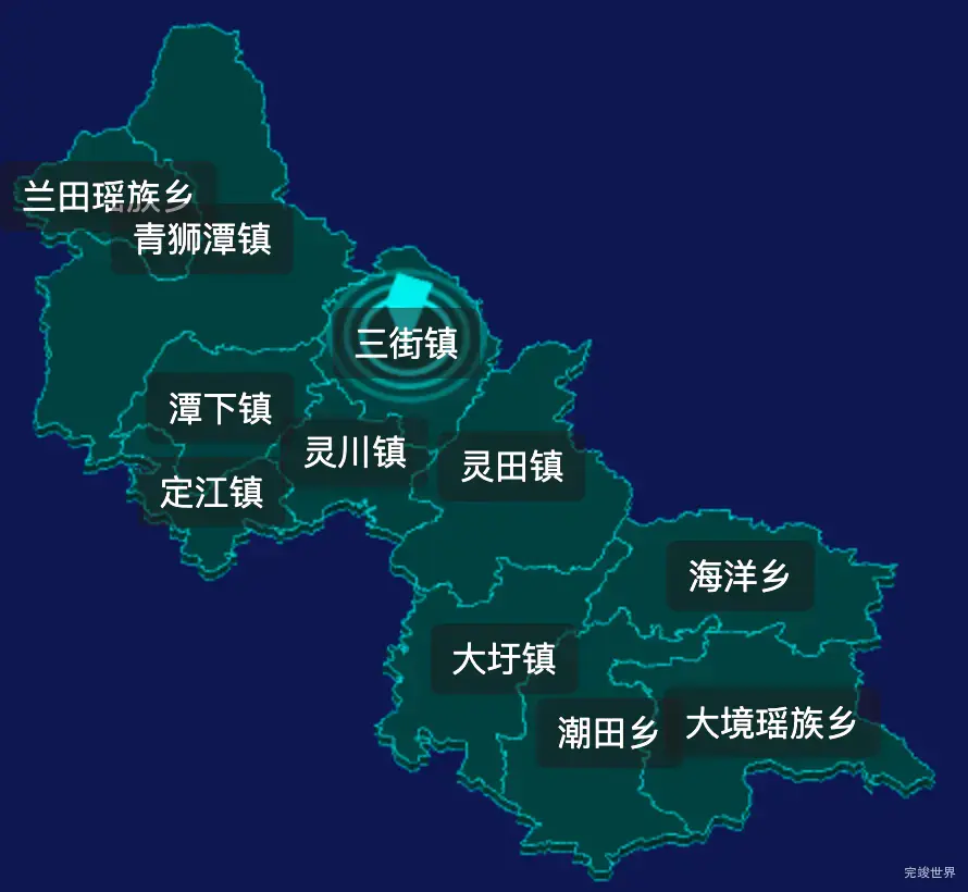 threejs桂林市灵川县geoJson地图3d地图CSS2D外加旋转棱锥