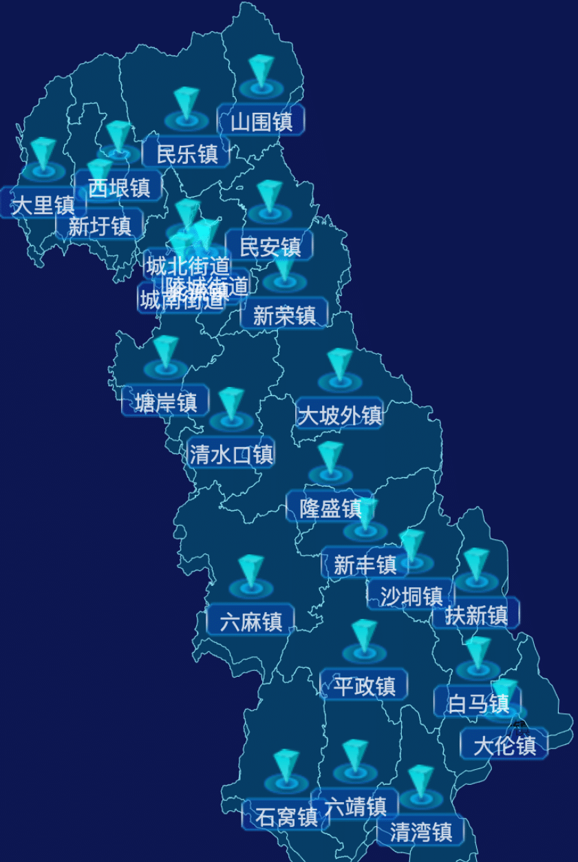 echarts玉林市北流市geoJson地图点击弹出自定义弹窗实例 - 完竣世界